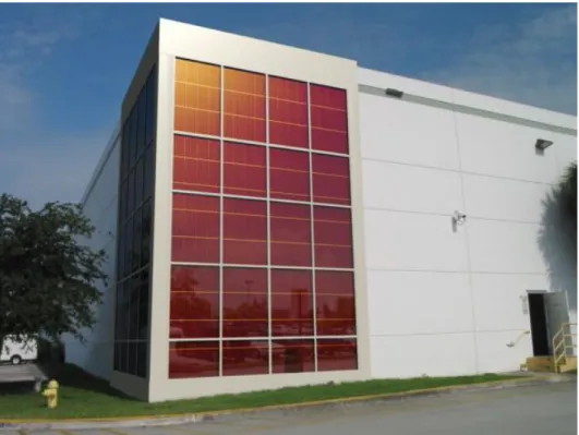 圖 1- 3 Konarka 與 Arch Aluminum &amp; Glass 所發表的太陽能帷幔 ASG（Active Solar Glass） [17]。 
