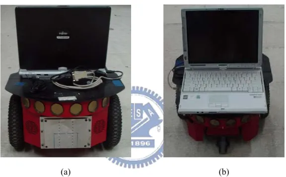 Figure 2.2 The vehicle Pioneer 3 with a notebook used in this study. (a) A front view  of the vehicle