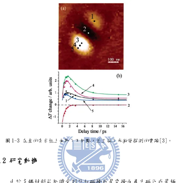 圖 1-3 在金的奈米柱上面取了不同點，並且做了光激發探測的實驗[3]。  1.2 1.2 1.2  1.2 研究動機研究動機 研究動機 研究動機                    由於多鐵材料能同時受到外加磁場或是電場而產生磁化或是極化 現象，因此近年來廣泛地受到研究，期望藉著它的性質開創新的記憶 儲存元件，特別是含有鐵電性與電磁性的鐵電材料，當中的電性質與 磁性質互相轉換(磁電耦合材料)將是提升應用價值的重要契機。      在 1.1 節中所提到的德國 M