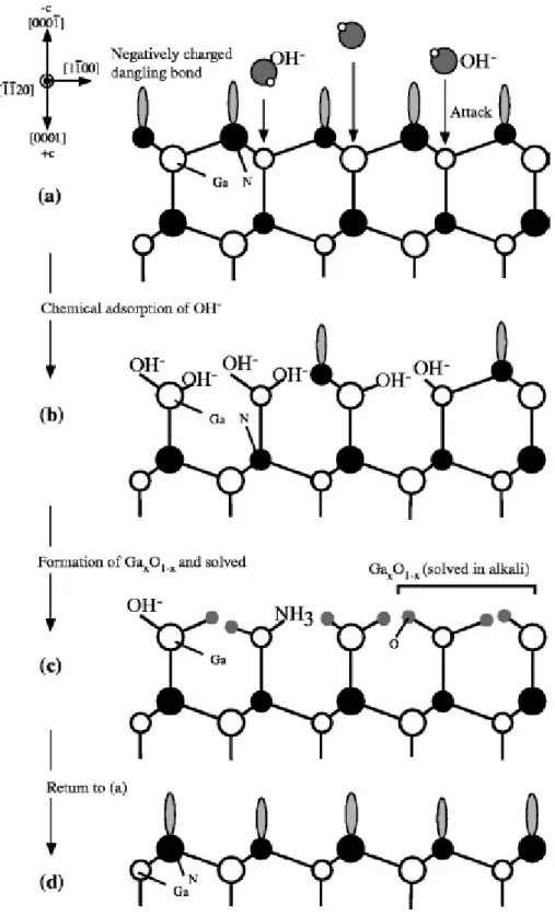 Fig.  2.7  Schematic  diagrams  of  the  cross  section  GaN  film  viewed  along  [-1-120]  direction  for  N-polar  GaN  to  explain  the  mechanism  of  the  polarity  selective  etching