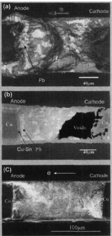 FIG. 2.8. (a) Surface morphology of V-groove after stressing (a) 2.8 × 10 4 A/cm 2  at 150 ℃  for 8 days; (b) the void at the cathode side of  V-groove; (c) 5.7 × 10 4  A/cm 2  at room temperature for 12 days