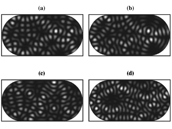Fig. 2.3-4. (a)-(d)  The 152nd, 165th, 175th, and 208th exited states of a  slightly asymmetric stadium billiard are shown to exhibit random patterns that  do not exist in regular billiard