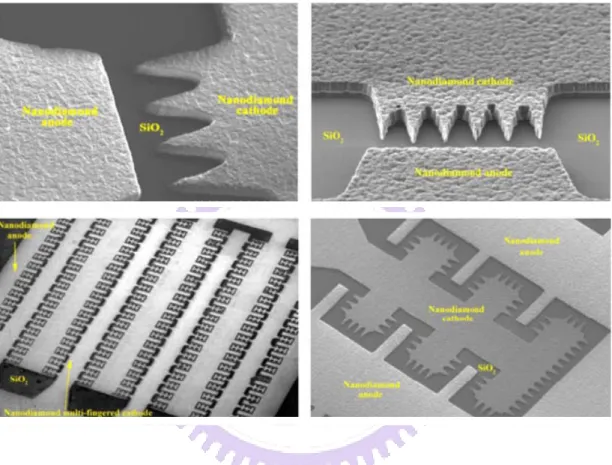 Fig. 1-8 The SEM images of lateral field emitters: finger shape diodes. [1.33] 