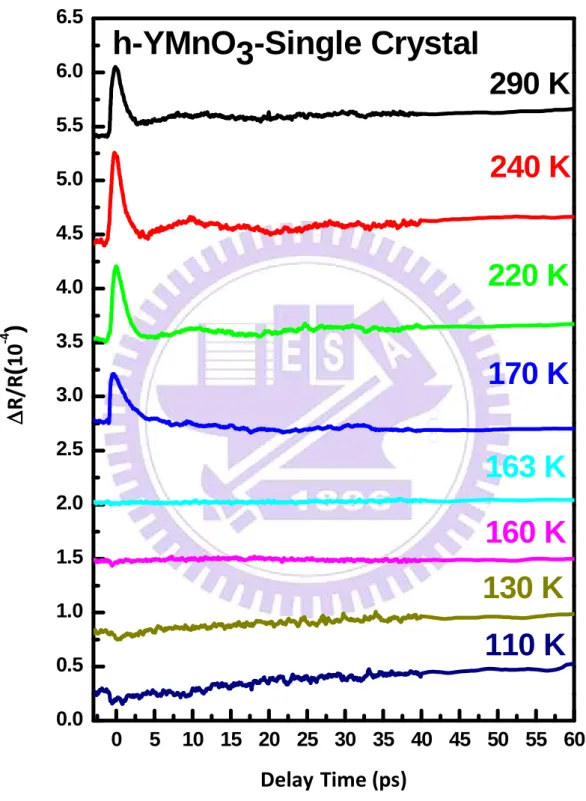 Fig. 4-4 The transient reflectivity ∆R/R curves of h-YMnO 3  single crystal samples measured 