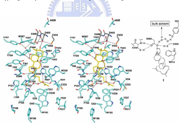 Figure 1.10 H. sapiens OSC (turquoise) with lanosterol (yellow): polar residues around  catalytic acid Asp455, polar interactions, and hydrogen-bonding network