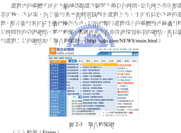 圖 2-2  博客來網路書店  （二）選單（Menus）  此類網站提供各類下拉式子選單以引出資訊內容，選單可用文字或圖像呈 現，其目的在協助使用者「定位」（orientation）、熟悉整體網站架構，藉由呈現 網站資訊的分類選擇，個人可建立對網站規模的初步認知。藉由點選選單的方 式，使用者可快速地跳至第三階層的網頁介面，並逐漸形塑心智地圖（mental  map）以協助創造有效的互動導覽方式。  選單式的導覽手法可大幅減低點選次數與下載頁面時間，但有時並非全部選 項可被一次呈現，而且使用者必需將滑鼠移至選