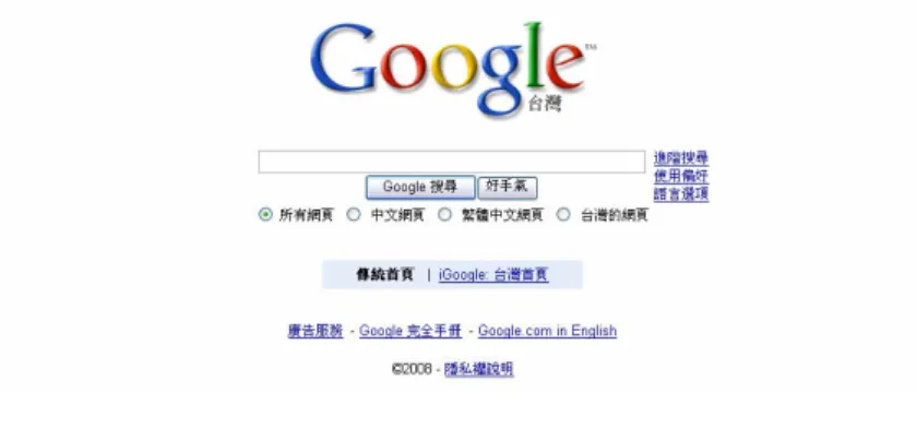 圖 2-6  Google 搜尋引擎  由此可知，網站設計之良莠與導覽系統形態密切相關。框架導覽對於設計者 較方便上手，但因使用者不容易追蹤目前所觀看的子網頁，畫面易顯得雜亂不一 致，所以逐漸被市場淘汰，僅剩部分個人網站會採用此種手法。目前多數的網站 以導覽列搭配選單的組合方式，較複雜的資訊類網站如購物網站、新聞網站，會 於第一層藉由導覽列初步分類，次級連結選項則以選單呈現，如此網頁才不會雜 亂無章，其缺點在於個人需能覺察網站資訊架構（information architecture）有些 微理解才能快速地