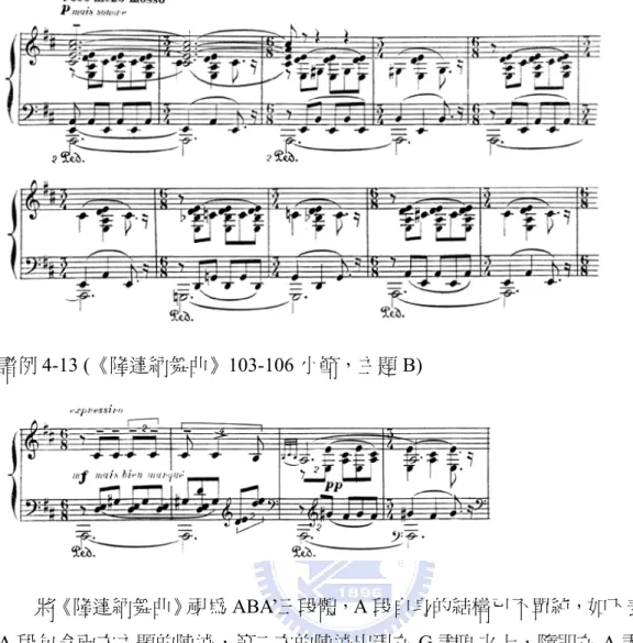 表 4-5 (《隆達納舞曲》之結構)  段落  小節數  調區  持續低音 音樂特徵  主題 A 的導奏  1-16  十六小節的 6/8 與 3/4 交替的 guajiras 舞曲節 奏  17-28  D  29-36  G D G D  G 主題 A 及片斷的材料 37-42  D 主題A 17-48  43-48  D  C  B 四小節的導奏+主題 AA  主題 A 的片斷  mm
