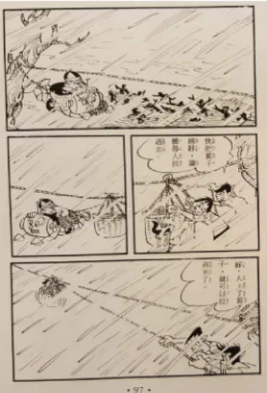 圖 15 劉阿金想當一名造福人群的       科學家 資料來源：劉興欽（ 1969f：20）  圖 16 阿金與機器人搶救水災災民    資料來源：劉興欽（1968e：97） 因為，機器人系列漫畫在市場上的成功，所以很快吸引電視製作的 興趣。 1969 年中視開播，劉興欽與製片人陳德利合作，製作出臺灣首 部真人飾演的科幻電視劇：《電腦娃娃》（圖 17）。劉興欽對此期待 甚深，甚至還畫了近似劇本的《機器人上電視》來聲援。但是，因為製 作單位設備及經驗的不足，這部電視劇只播出一季，便因收視不佳，草 草結束。劉