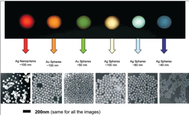 Figure 1.2:  Sizes, shapes, and compositions of metal nanoparticles can be  systematically varied to produce materials with distinct light-scattering properties