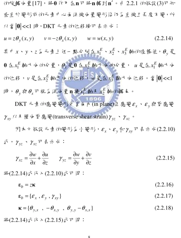 圖 2.2 所示為文獻[12]中所提出的 DKT 板元素，節點 1、2、3 是 三角形的三個頂點，節點 4、5、6 為三角形三個邊的中點，這三個中 點的自由度僅在元素推導的過程中暫時使用，在最後不會出現在元素 的節點自由度。在圖 2.3 中，n 為殼元素中心面變形前的單位法線向 量，n′ 為n 在元素變形後的新位置，圖 2.3 中θ 為一在 x 1 E − x 2 E 平面上 的旋轉向量[17]，將θ 作用在n 可將n 轉到n′ 。由 2.2.1 的假設(3)可知 垂直於變形前的元素中心面法線向量變形後仍為