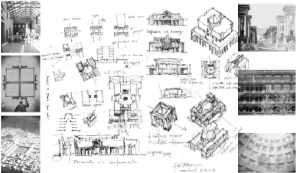 圖 10.  某行政大樓的想法草圖與使用的早期設計案例（KHL Architect Association 提供）  圖 11.  某行政大樓的設計方案結果（KHL Architect Association 提供）  2.3.2 語言行動  為了產生多樣性的想法，參與者會傳遞有關想法的訊息而進行彼此之間的溝通。 在溝通的過程中，發送訊息的人（以下稱為發送者）與接收訊息的人（以下稱為 接收者）因為彼此的互動而改變身分[105]，這種現象可以被視為參與者之間的身 分狀態改變。由於，身分狀態改變會因為語言行動的