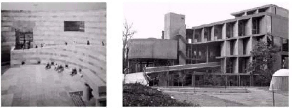 圖 17. James Stirling 在 Stuttgart 設計的 Staatsgalerie 美術館（1977-1984）（左側）與柯比意在 Cambridge 設計的 Visual Arts Center（1961-1963）（右側）（來源自 Heylighen, 2000） 
