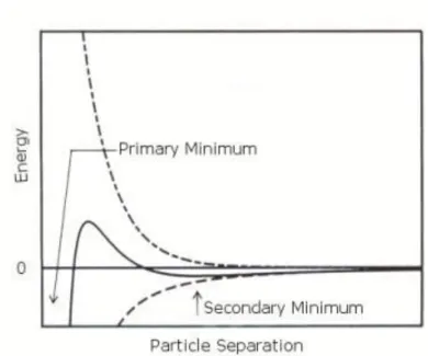 Figure 2.11 Schematic diagram of the variation of free energy with particle separation  at higher salt concentrations showing the possibility of a secondary minimum