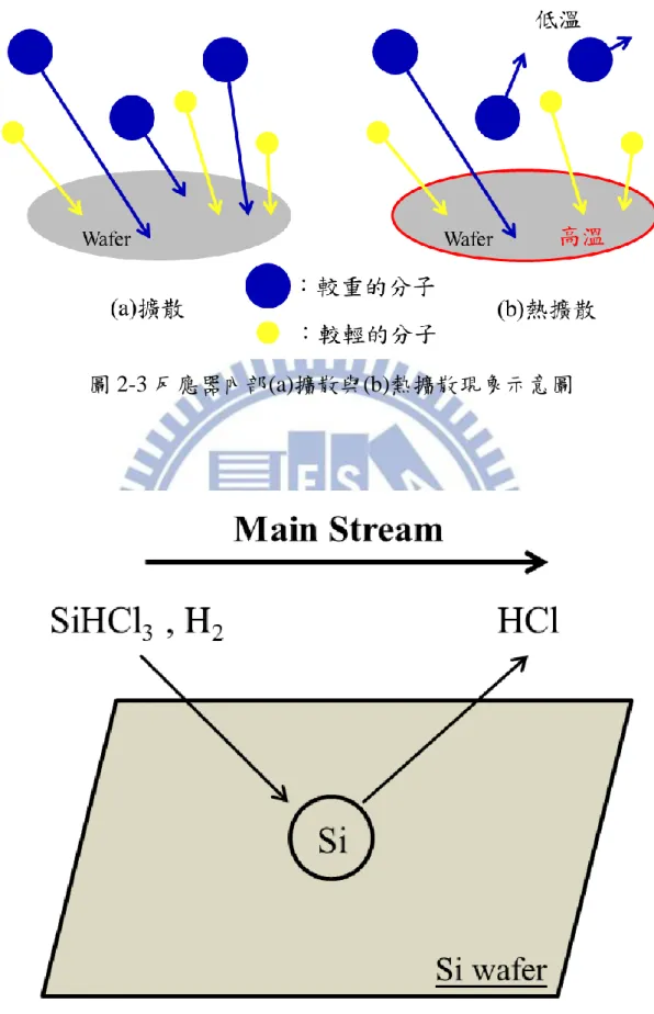 圖 2-3 反應器內部(a)擴散與(b)熱擴散現象示意圖 