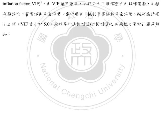 表 4-4 為迴歸分析結果之彙總表，表中最後一欄為變異數膨脹係數(variance  inflation factor, VIF) 8 ，由 VIF 值可發現，本研究中三個模型中之解釋變數，包括 稅後淨利、營業活動現金流量、應計項目、擬制營業活動現金流量、擬制應計項 目五項，VIF 皆小於 5.0，故前節所述模型(2)與模型(3)之共線性考量於此獲得解 決。 