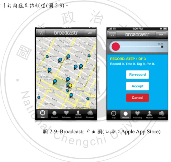 圖 2-9. Broadcastr 介面圖(來源：Apple App Store) 