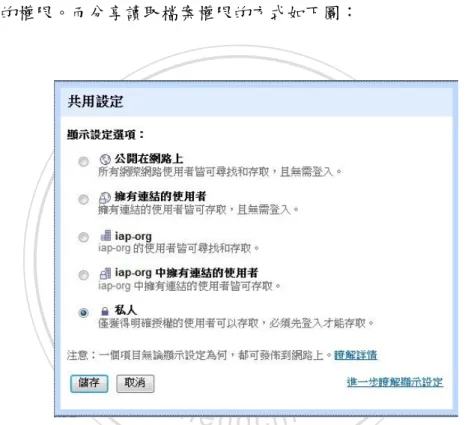 圖  7：Google Docs 分享讀取檔案的方式(擷取至 Google Docs 共用文件 畫面)  (1).  公開在網路上：所有人均可以搜尋到且可觀看文件內容或下載檔案。  (2)