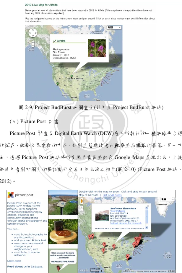 圖 2-9. Project BudBurst 地圖畫面(引用自 Project BudBurst 網站)  (三) Picture Post  計畫 