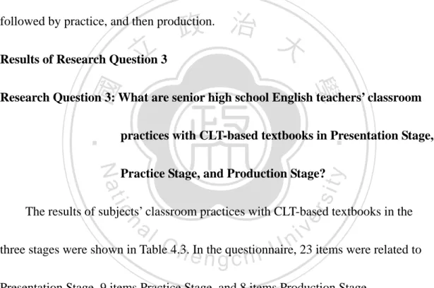 Table 4.3 Classroom Practices Distribution in Presentation, Practice and Production  Stages 