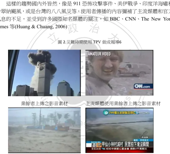 圖 2.災難時期使用 TPV 做成報導6   業餘者上傳之影音素材   主流媒體使用業餘者上傳之影音素材     民眾上傳之災情實況  台灣主流媒體使用民眾提供之影片                                                           