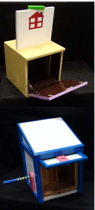 Fig. 1. Square box (prior display) and birdhouse (main display). Top, the square box  was already opened