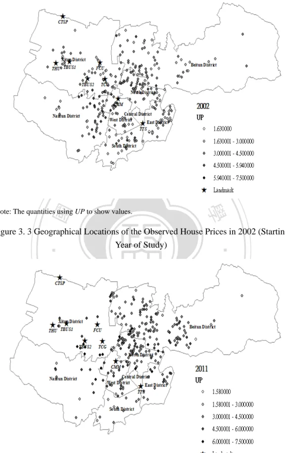 Figure 3. 3 Geographical Locations of the Observed House Prices in 2002 (Starting  Year of Study) 