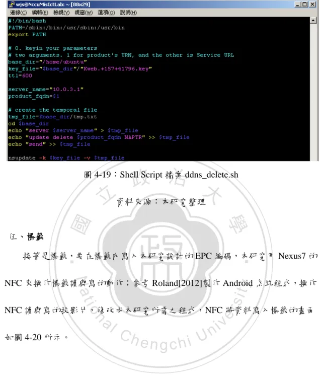 圖 4-19：Shell Script 檔案 ddns_delete.sh  資料來源：本研究整理  伍、標籤    接著是標籤，要在標籤內寫入本研究設計的 EPC 編碼，本研究用 Nexus7 的 NFC 來操作標籤讀與寫的動作；參考 Roland[2012]製作 Android 系統程式，操作 NFC 讀與寫的投影片，修改成本研究所需之程式，NFC 將資料寫入標籤的畫面 如圖 4-20 所示。 
