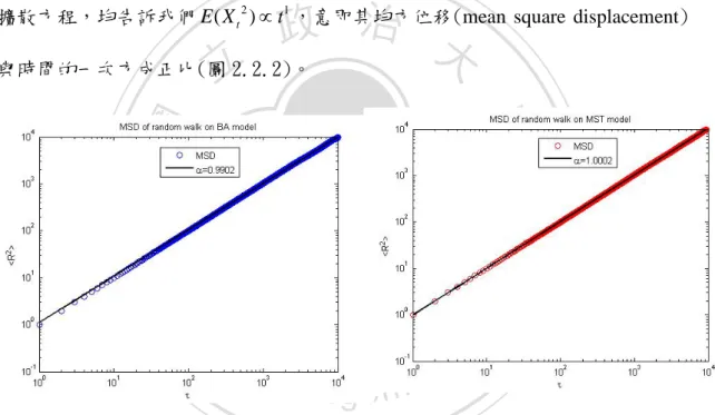 圖 2.2.2、各個行走者彼此獨立的情況下，在 BA 模型與 MST 模型下的隨機行走 由電腦模擬可知其 MSD ∝ t 1 。 