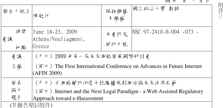 表  Y04  行政院國家科學委員會補助國內專家學者赴國外出差或研習報告                                                            98 年  8  月 4 日 報告人姓名 陳起行 服務機構 及職稱 國立政治大學 教授      時間 會議      地點 June 18-23, 2009  Athens/Vouliagmeni, Greece 本會核定 補助文號 NSC 97-2410-H-004 -073 - 會議 名稱  (中文) 2009 