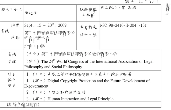 表  Y04  行政院國家科學委員會補助國內專家學者出席國際會議報告                                                             98 年  11 月 26 日 報告人姓名 陳起行 服務機構 及職稱 國立政治大學 教授      時間 會議      地點 Sept