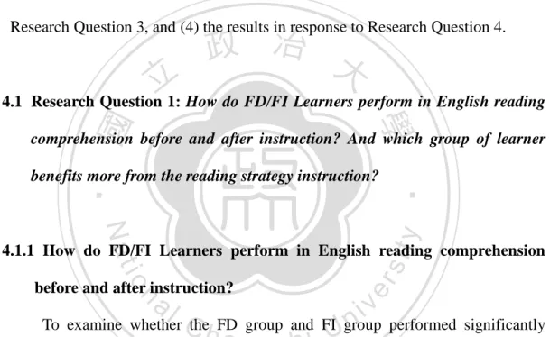 Table 4.1 Results of the Paired Samples T-test in the Pre-and Post-test with FD  and FI Groups 