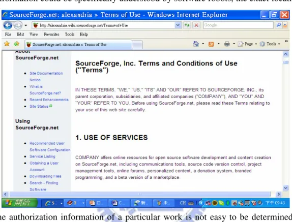 Figure 2: A snapshot of SourceForge’s “Terms and Conditions of Use” 2 On the other hand, every document in Scribd is licensed under the same Creative Common license, as shown in Figure 3