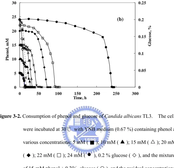 Figure 3-2. Consumption of phenol and glucose of Candida albicans TL3.  The cells  were incubated at 30℃  with YNB medium (0.67 %) containing phenol at  various concentrations: 5 mM ( ); 10 mM ( ); 15 mM ( ); 20 mM  ( ); 22 mM ( ); 24 mM (  •  ), 0.2 % glu