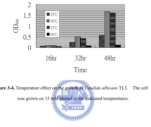 Figure 3-4. Temperature effect on the growth of Candida albicans TL3.    The cell  was grown on 15 mM phenol at the indicated temperatures