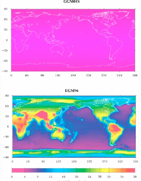 圖 2-5、EGM96 與 GGM01S 在 70 階數次數前之大地起伏誤差（單位：公分） 