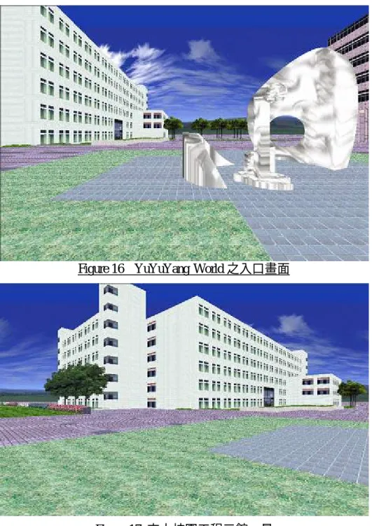 Figure 16 — Figure 22為透過 Active Worlds 的瀏覽器所呈現出來的畫面：畫面中是 以藝術品 — 緣慧潤生為虛擬世界的中心點，右手邊是浩然圖書館，左手邊是工程 三館。 