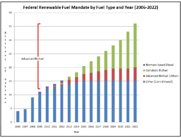 圖 3- 9 Federal Renewable Fuel Mandate by Fuel Type and Year (2006-2022)
