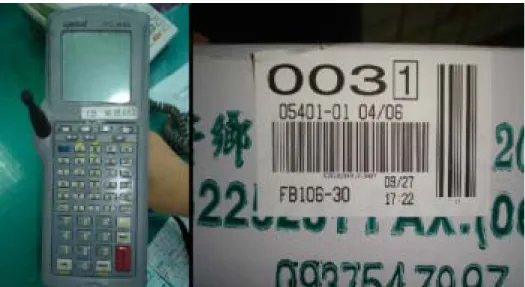 圖 3.13 左為出貨條碼掃描管制機，右為彰化花市出貨條碼 