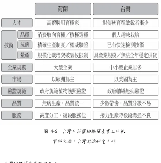 圖  4-6  台灣及荷蘭蝴蝶蘭產業之比較  資料來源：台灣經濟研究月刊  4.3   台灣蝴蝶蘭產業現況分析     台灣由於地處亞熱帶，為蝴蝶蘭能夠分佈種植最北的緯度地區，冬季冷的東北季風 很適合蝴蝶蘭花芽分化、抽梗及開花，較高緯度的日本、歐洲等減少許多冬季加溫費用， 台灣南部的日照充足加上溼度高，栽培時間縮短，降低了許多生產成本。經過多年來業 者利用此一天然優勢，生產各類包括蝴蝶蘭在內各式品種的蘭花並行銷國際，為台灣爭 取到「蘭花王國」美譽。      蘭花為高經濟價值花卉，台灣蘭花產業中以蝴蝶蘭的產