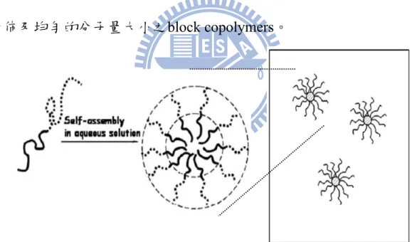 Figure 1-18. Preparation of core-shell micelles via self-assembly of diblock  copolymer at the critical micelle concentration