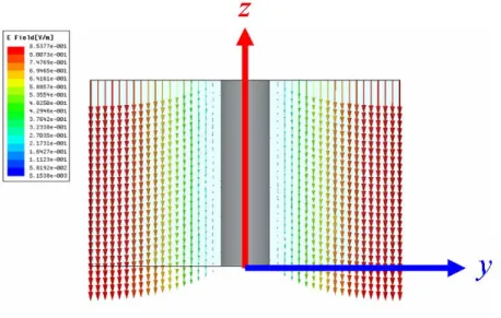 圖 2-4 單晶胞電場向量圖          除此之外，再繪出此單晶胞在第一個特徵模態下的電場向量圖，可見在此模 態下電場方向皆平行於金屬柱。在往後的章節中，分析的電場方向必須一致，保 證為同一個模態。  2.1.2  比較人工材料與空氣中的相位關係  為了了解波數在人工材料與空氣中的關係，我們把金屬柱從原本的單晶胞結 構中去除，其餘的邊界條件不變，求出空氣中 k x 及 k y 的相位關係，修改的模擬 結構如圖 2-5 所示。  圖 2-5  空氣中的特徵模態模擬結構圖 