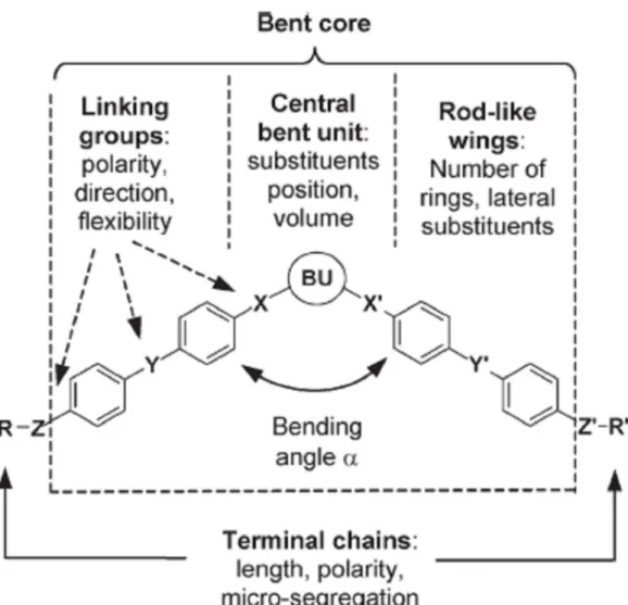 Figure 1.1. The molecular formation of bent-core liquid crystalline designs.  [2]