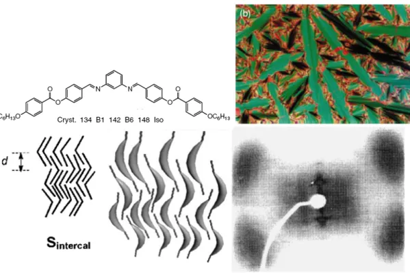 Figure  1.10.  The  bent-core  chemical  structures,  POM  texture,  XRD  patterns,  and  molecular arranged models of B 6  phase