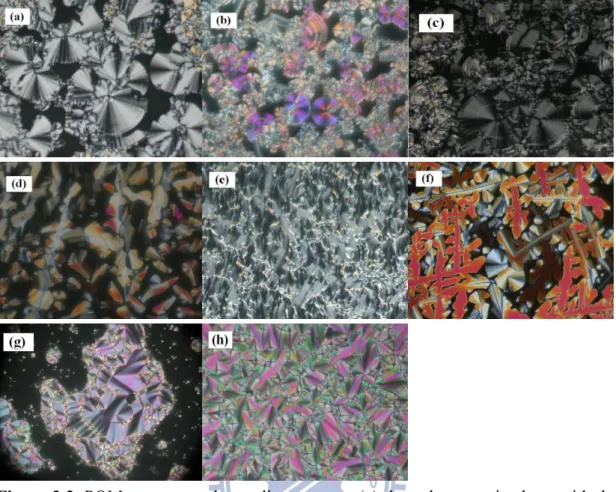 Figure 2.2. POM textures at the cooling process: (a) the polar smectic phase with the  spherulite  texture  of  complex  IV12-A12  at  96  °C;  (b)  the  polar  smectic  phase  with  spherulite  and  non-specific  grainy  textures  of  complex  IV12-B16  a