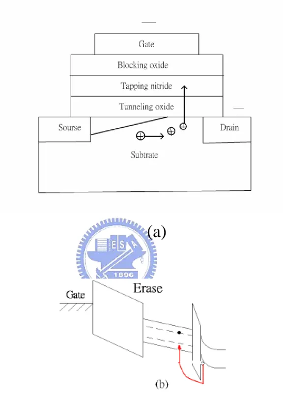 Figure 2-7 (a) Negative gate voltage and negative drain voltage applied when use hot  hole injection to erase