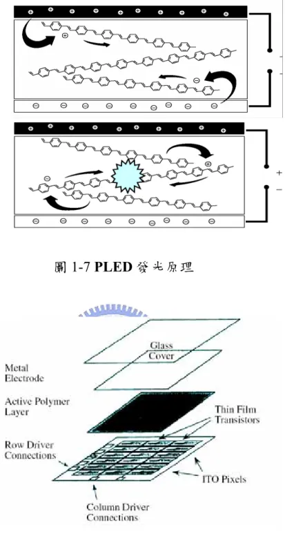 圖 1-7 PLED 發光原理  圖 1-8 PLED 元件基本結構  1-3.OLED 與 PLED 兩大材料體系與如何提昇效率  目前 OLED 以小分子與高分子兩大材料體系為主，而小分子與高分 子 OLED 在特性上差異頗大(表 1.1)。不過，整體而言，OLED 所發出的 光色仍然涵蓋寬廣的頻譜，因此色彩表現較為模糊。追根究底來看，造