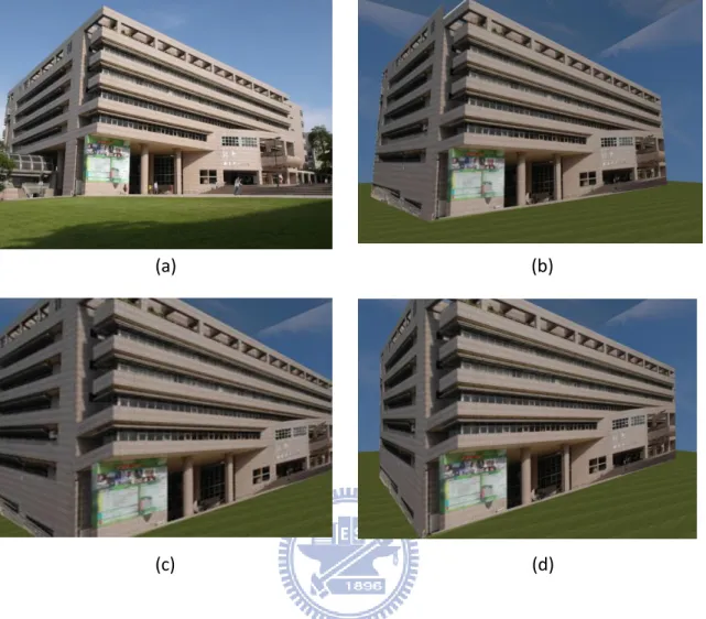 Figure 5.7 (a) is the origin input image (b) is the reconstruction 3D scene of    Input image, combining the main façade and the sub-façade of the input image