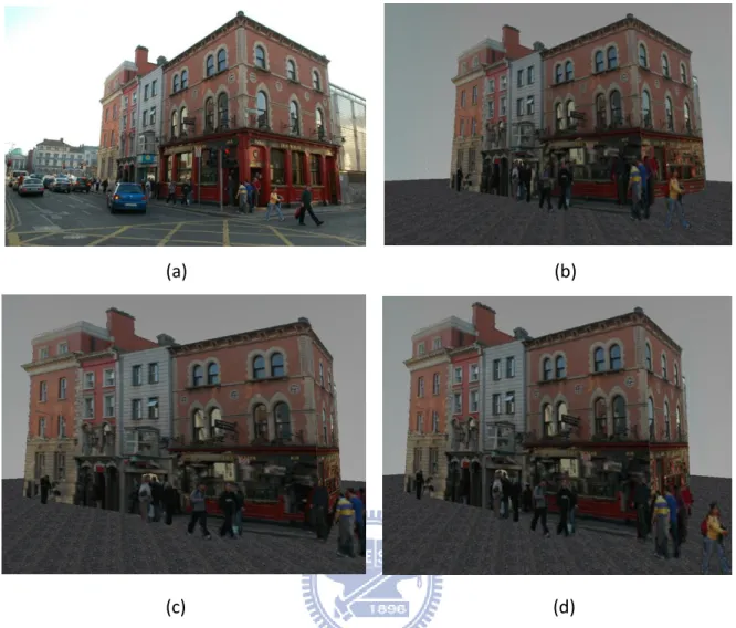 Figure 5.8 (a) is the origin input image (b) is the reconstruction 3D scene of    Input image, combining the main façade and the sub-façade of the input image