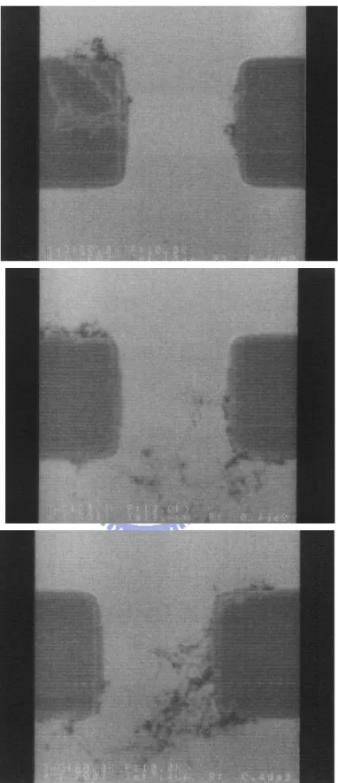 圖 2-9 可觀察到碳管並沒有完全覆蓋元件通道上方的面積，而大都堆積在具 有高地差地形的邊緣。 